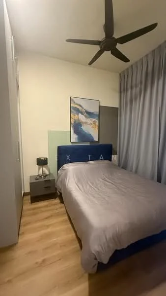 Bedroom features: queen-size bed with grey bedding, upholstered blue headboard, 2 bedside lamps, wooden flooring, floor-to-ceiling window with sheer curtains, light grey wall, framed artwork on wall, built-in wardrobe; style: modern.