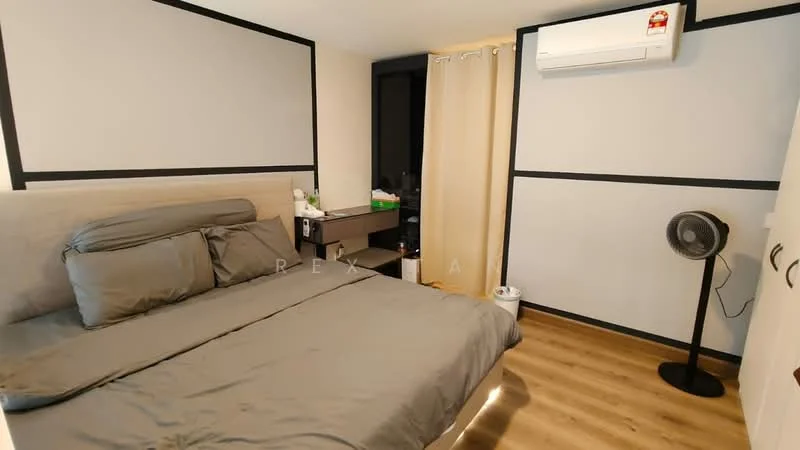 Bedroom features: king-size bed with grey bedding, wooden flooring, white painted walls with black trim, wall-mounted air conditioning unit, floor fan, nightstand, curtains, waste bin; style: modern.