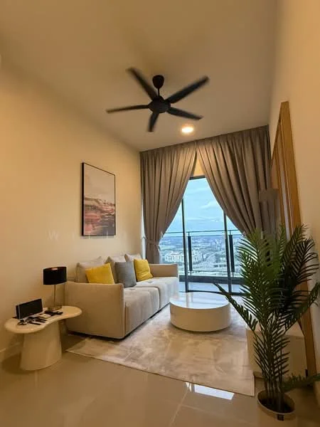 Living features: 3-seater fabric sofa in light grey, 2 yellow accent pillows, round coffee table in white, floor-to-ceiling windows, sheer curtains, 5-blade ceiling fan with light, marble tile flooring, decorative plant in ceramic pot, framed artwork on wall, area rug with geometric pattern; style: modern; view: city.