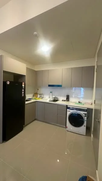 Kitchen features: grey cabinetry, white countertop, stainless-steel sink, chrome pull-down faucet, built-in oven, freestanding range oven, stainless-steel fridge, front-load washing machine, ceramic tile flooring, recessed downlights, white tiled backsplash, open shelving, kitchen island; style: modern.