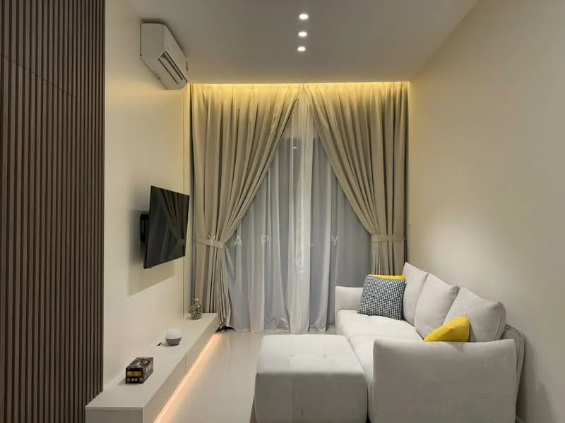 Living features: light grey fabric sectional sofa, yellow accent pillow, wall-mounted flat-screen TV, white TV console, recessed LED downlights, curtains in light beige, floor-to-ceiling windows, wood panel accent wall, air conditioning unit; style: modern.