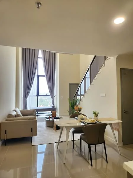 Living features: large floor-to-ceiling windows, grey curtains, cream painted walls, light-colored sofa, coffee table, area rug, dining table with chairs, staircase leading to upper level, recessed ceiling lights, tile flooring; style: modern; view: city.