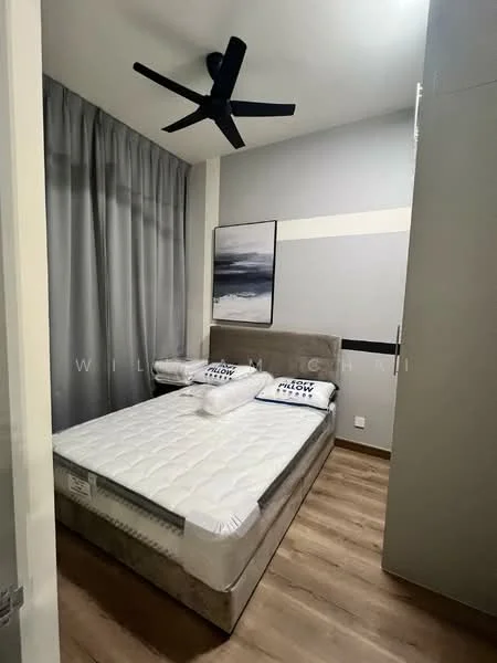 Bedroom features: queen-size bed, upholstered headboard, 2 bedside pillows, ceiling fan, grey curtains, wooden flooring, framed artwork on wall, built-in wardrobe; style: modern.