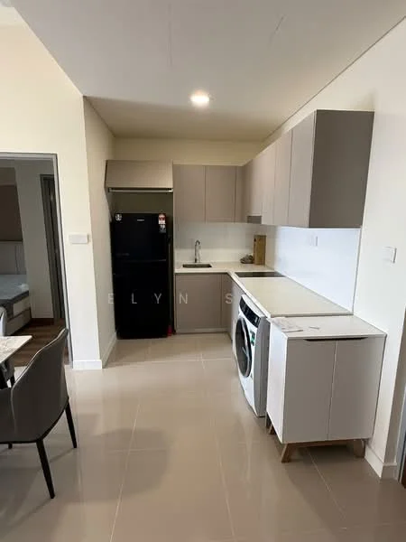 Kitchen features: light grey cabinetry, white countertop, stainless-steel single-bowl sink, chrome pull-down faucet, built-in oven, freestanding fridge, front-load washing machine, ceramic tile flooring, recessed downlights, open shelving, wall-mounted cabinets, dining table with chairs; style: modern.