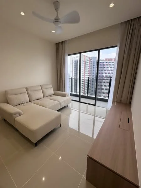 Living features: beige fabric sectional sofa, floor-to-ceiling windows, glass balcony door, light-colored walls, recessed downlights, ceiling fan, glossy tile flooring, wooden TV console; style: modern; view: city.