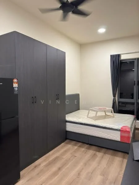 Bedroom features: queen-size bed, upholstered headboard, black wardrobe with sliding doors, black refrigerator, wooden flooring, ceiling fan, curtains, window with view, table beside bed; style: modern.