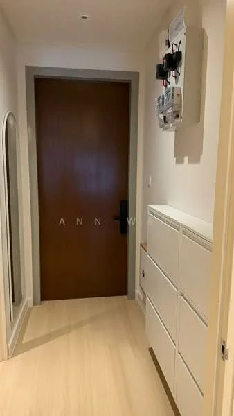 Hallway features: wooden door, white painted walls, light wood flooring, full-length mirror, white storage cabinet with drawers, electrical panel on wall, recessed lighting; style: modern.