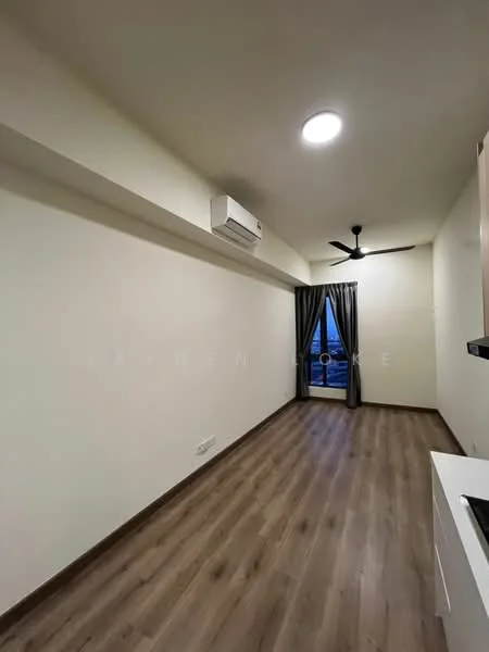Room features: light wood laminate flooring, white painted walls, ceiling fan, wall-mounted split AC, floor-to-ceiling window, curtains, kitchenette with countertop, open layout; style: modern; view: city.