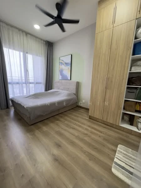 Bedroom features: queen-size bed with grey bedding, wooden flooring, light grey curtains, 5-blade ceiling fan, built-in wardrobe with wood finish, framed artwork on wall, window with sheer curtains, area rug with striped pattern; style: modern.