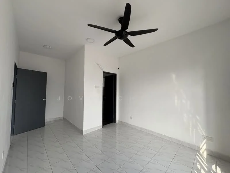 Room features: white painted walls, tile flooring, ceiling fan, recessed ceiling lights, single door, window with natural light; style: minimalist.