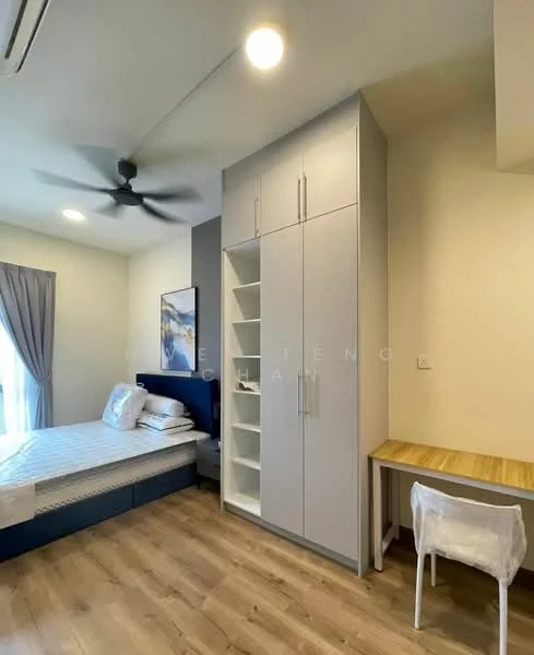 Bedroom features: queen-size bed, upholstered headboard, built-in wardrobe with sliding doors, study desk with wooden surface, white chair, ceiling fan, laminate flooring, curtains, wall-mounted artwork, window with natural light; style: modern.