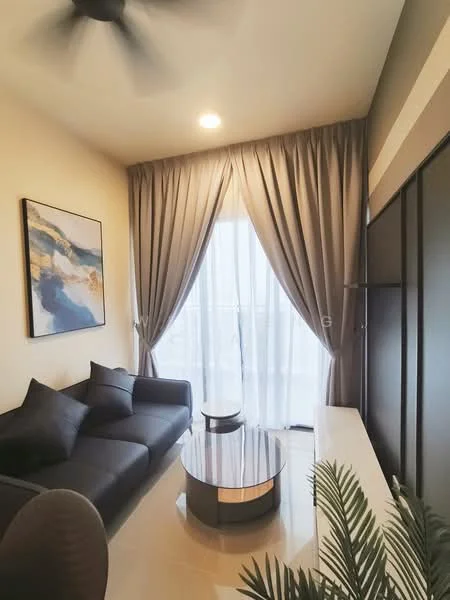 Living features: 3-seater fabric sofa in dark grey, round coffee table with gold accent, floor-to-ceiling windows, sheer curtains, dark grey accent wall, light beige painted walls, ceiling fan, tile flooring, decorative plant in ceramic pot, wall-mounted TV unit; style: modern; view: city.