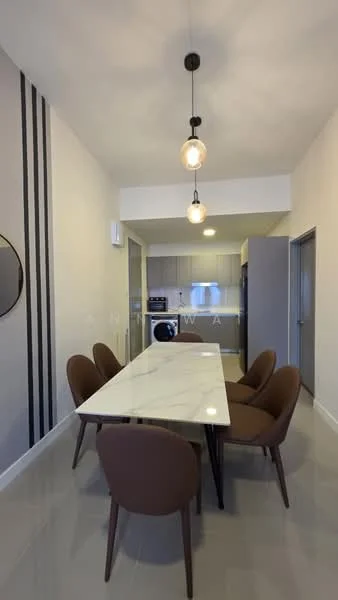 Dining features: marble dining table, 6 upholstered dining chairs in brown, pendant lighting with exposed bulbs, white painted walls, grey tiled flooring, open kitchen layout visible, built-in kitchen cabinets, stainless-steel appliances; style: modern.