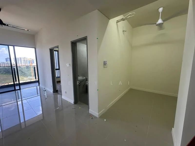 Room features: white painted walls, glossy tile flooring, ceiling fan, floor-to-ceiling windows, sliding glass door, balcony access, neutral color scheme, light-filled space; style: modern; view: city.