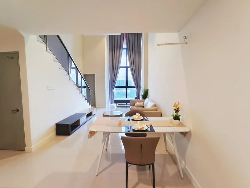 Living features: light-coloured painted walls, large floor-to-ceiling windows, curtains, sofa in beige, coffee table, dining table with white surface, upholstered dining chair, open staircase with metal railing, decorative plant, tile flooring, wall-mounted shelf; style: modern; view: city.