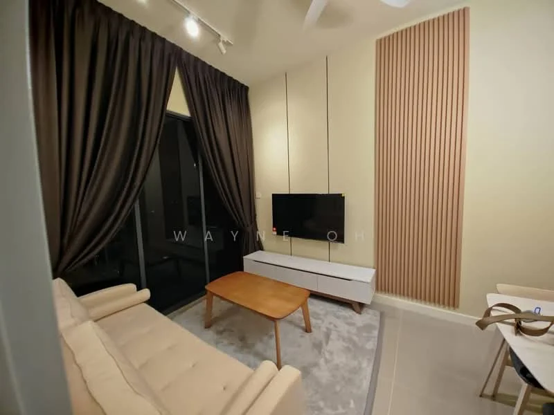 Living features: beige fabric sofa, wood coffee table, TV console, wall-mounted TV, grey area rug, floor-to-ceiling windows, dark brown curtains, light-colored wall with vertical paneling, recessed downlights, ceiling fan; style: modern.