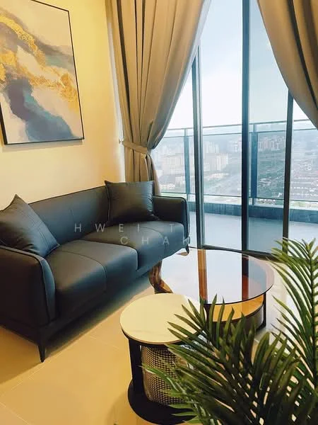 Living features: 3-seater fabric sofa in dark grey, glass coffee table with gold accents, floor-to-ceiling windows, curtains in light beige, decorative houseplant in ceramic pot, wall art with abstract design, neutral wall colour, tile flooring; style: modern; view: city.