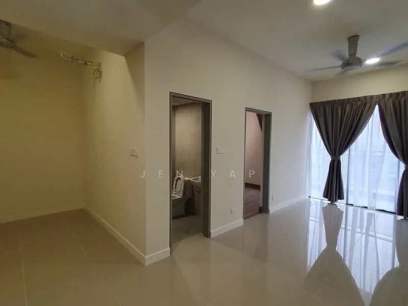 Room features: cream painted walls, glossy tile flooring, 2 ceiling fans, large windows with sheer curtains, dark brown curtains, doorway leading to bathroom, doorway leading to another room, neutral color scheme; style: modern.