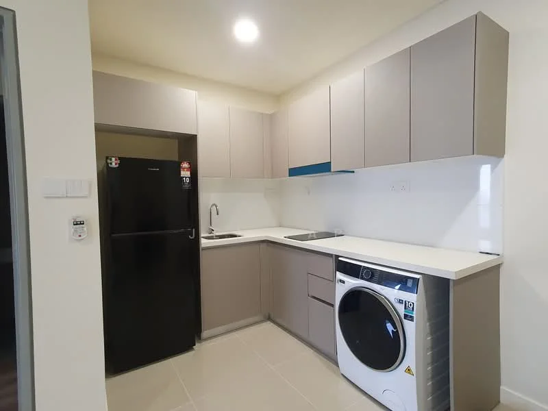 Kitchen features: grey cabinetry, white countertop, single-bowl stainless-steel sink, chrome pull-down faucet, built-in oven, stainless-steel fridge, front-load washing machine, ceramic tile flooring, white tiled backsplash, recessed downlights; style: modern.