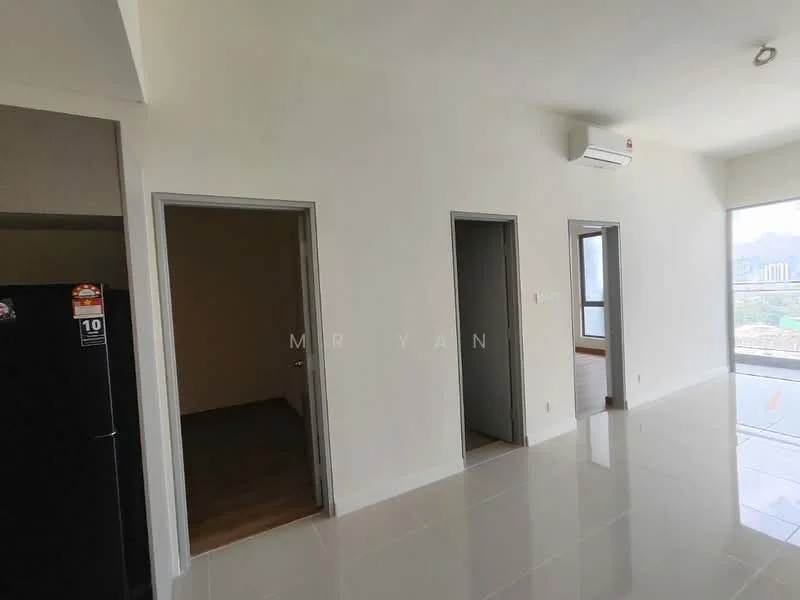 Room features: white painted walls, glossy tile flooring, 1 wall-mounted split AC, doorway to adjacent rooms, large windows with city view, neutral color scheme, minimalist design, open layout; style: modern; view: city.