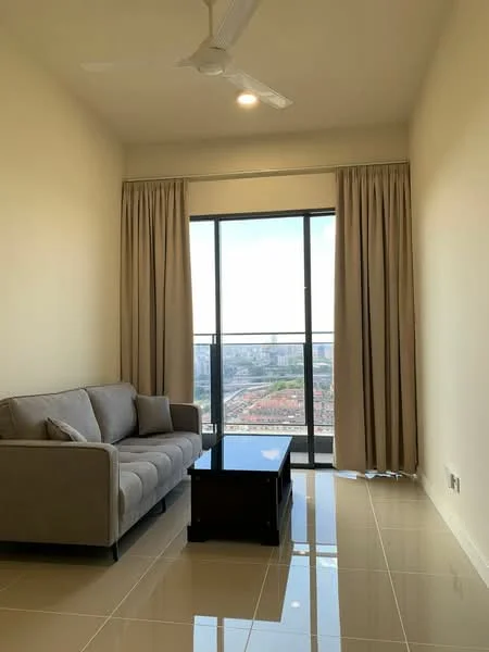 Living features: 3-seater fabric sofa in grey, coffee table, floor-to-ceiling windows, curtains in beige, wall-mounted ceiling fan, glossy tile flooring, neutral painted walls, city view; style: modern; view: city.