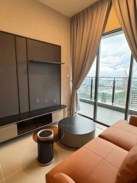 Living features: floor-to-ceiling windows, city view, light brown leather sofa, black TV console, round coffee table, curtains, neutral wall color, tile flooring; style: modern.