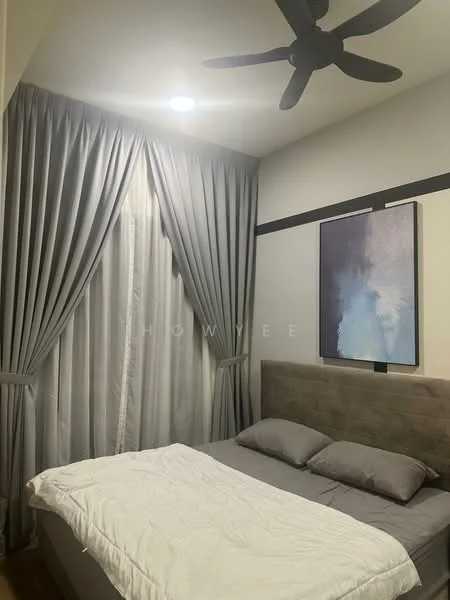 Bedroom features: queen-size bed with grey bedding, upholstered headboard, 2 bedside pillows, floor-to-ceiling windows, sheer curtains, blackout curtains, 5-blade ceiling fan, recessed downlights, framed artwork on wall, grey accent wall; style: modern.