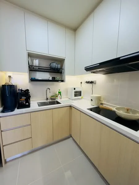 Kitchen features: light wood cabinetry, white countertop, single-bowl stainless-steel sink, chrome pull-down faucet, built-in oven, freestanding range oven, microwave, kettle, toaster, open shelving, tile backsplash, grey tile flooring, recessed downlights; style: modern.