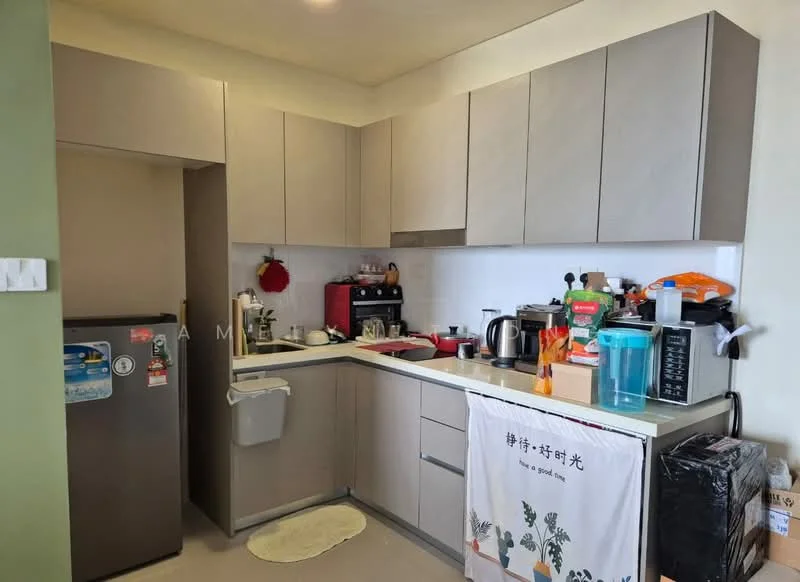 Kitchen features: light grey cabinetry, white countertop, single-bowl stainless-steel sink, chrome pull-down faucet, built-in oven, freestanding range oven, microwave, toaster, coffee machine, refrigerator, kettle, dishwasher, wall-mounted storage, decorative wall art, floor mat; style: modern.