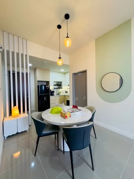 Dining features: round dining table, 4 upholstered dining chairs in grey, pendant lighting with exposed bulbs, white walls, green accent wall, floor-to-ceiling mirror, ceramic tile flooring, decorative wall paneling, decorative lamp, fruit bowl on table; style: modern. Kitchen features: black refrigerator, built-in kitchen cabinets, stainless-steel sink, countertop with bar stools, microwave, oven, cooktop, kitchen backsplash; style: modern.
