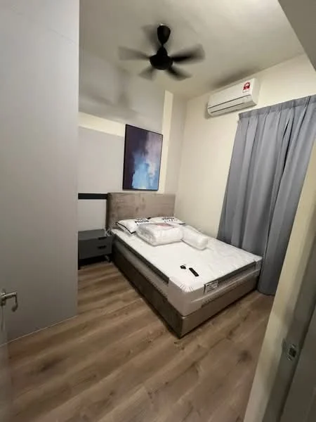 Bedroom features: queen-size bed, upholstered headboard, 2 bedside tables, ceiling fan, wall-mounted air conditioning unit, grey curtains, light wood flooring, abstract artwork on wall; style: modern.