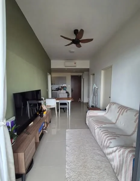 Living features: 3-seater fabric sofa with patterned upholstery, wooden TV console, wall-mounted flat-screen TV, area rug with geometric pattern, ceiling fan with 5 blades, large window with sheer curtains, cream painted walls, glossy tile flooring, decorative wall with green paint, dining table with white chairs visible in the background; style: modern.