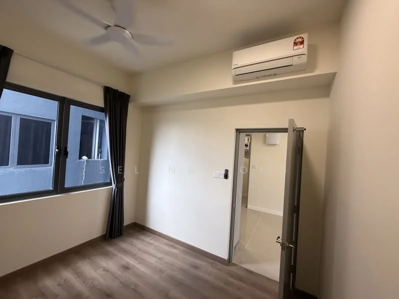Room features: light wood laminate flooring, white painted walls, 1 wall-mounted split AC, floor-to-ceiling windows, blackout curtains, ceiling fan, door leading to another room, neutral ceiling; style: modern.