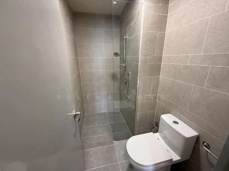 Bathroom features: grey tile flooring, grey tile walls, walk-in shower with glass enclosure, rain shower head, handheld shower, chrome basin mixer, one-piece toilet, toilet paper holder, wall-mounted mirror, recessed lighting; style: modern.