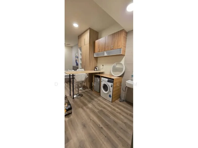 Laundry features: wood laminate flooring, light wood cabinetry, white washing machine, white countertop, round mirror, recessed ceiling lights, bar stools, kitchenette area; style: modern.