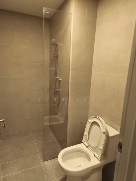 Bathroom features: walk-in shower with glass enclosure, rain shower head, handheld shower, white toilet, grey ceramic tile flooring, beige wall tiles, recessed lighting, chrome shower fixtures; style: modern.