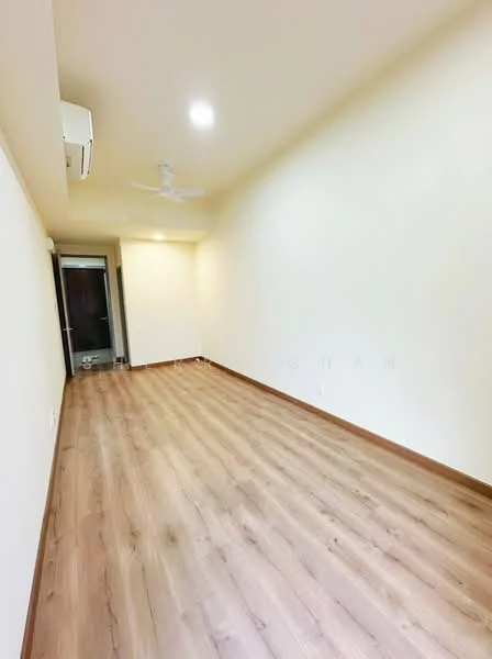Room features: light wood laminate flooring, cream painted walls, ceiling fan, wall-mounted split AC, recessed downlights, doorway leading to another room; style: modern.