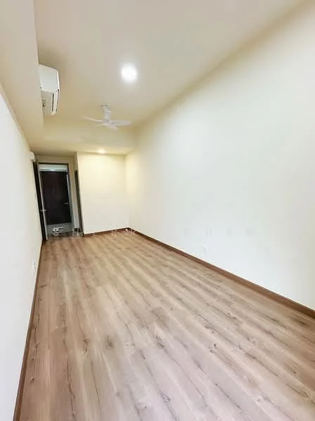 Room features: light wood laminate flooring, cream painted walls, ceiling fan, wall-mounted split AC, recessed ceiling lights, doorway leading to another room; style: modern.