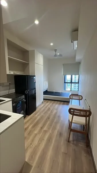 Kitchen features: white cabinetry, black refrigerator, built-in washing machine, grey countertop, wooden flooring, recessed downlights, 1 wall-mounted split AC, ceiling fan, window with blinds, dining table with two chairs, open layout, sitting area; style: modern.