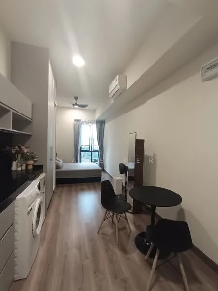 Room features: light wood laminate flooring, white painted walls, ceiling fan, wall-mounted split AC, double bed with white bedding, black round dining table, 2 black dining chairs, built-in cabinetry with grey finish, washing machine, full-length mirror, window with sheer curtains; style: modern; view: city.