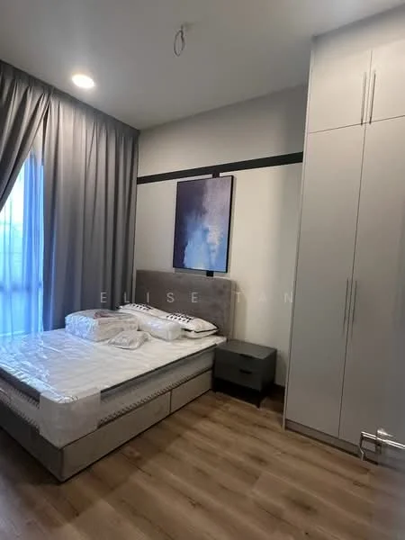 Bedroom features: queen-size bed, upholstered headboard, bedside table, built-in wardrobe, grey curtains, wooden flooring, wall-mounted artwork, recessed ceiling lights; style: modern.