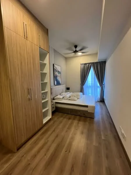 Bedroom features: queen-size bed, wooden headboard, built-in wardrobe with wood finish, open shelving unit, ceiling fan, curtains, laminate flooring, wall-mounted artwork; style: modern.
