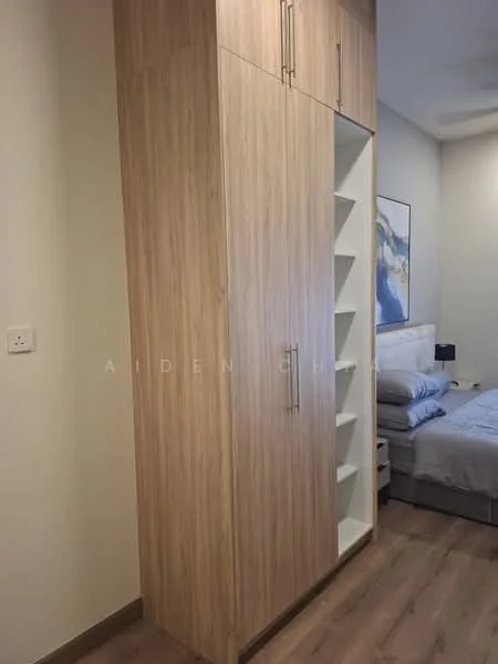 Bedroom features: built-in wardrobe with wood finish, open shelving, grey upholstered bed, laminate flooring, neutral wall color, bedside table, wall-mounted artwork; style: modern.