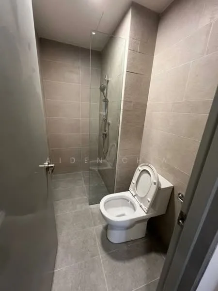 Bathroom features: grey tile flooring, light beige wall tiles, walk-in shower with glass enclosure, chrome shower head, toilet, single-sink vanity, mirror, recessed lighting; style: modern.