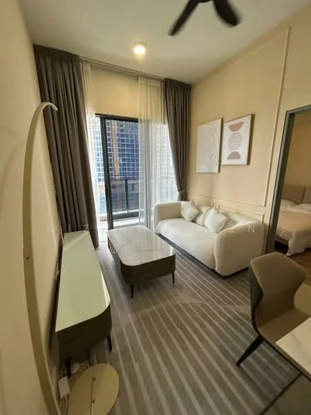 Living features: white fabric sofa, coffee table, TV console, floor-to-ceiling windows, sheer curtains, grey striped flooring, wall-mounted artwork, ceiling fan; style: modern; view: city.