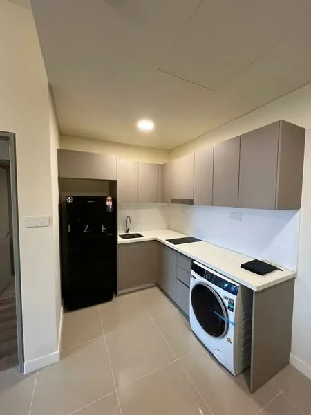 Kitchen features: black fridge, built-in oven, single-bowl stainless-steel sink, chrome pull-down faucet, laminate countertop, grey cabinetry, white tiled backsplash, ceramic tile flooring, recessed downlights, washing machine; style: modern.