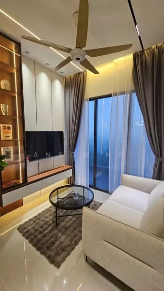 Living features: 5-blade ceiling fan with light, wall-mounted TV, light wood cabinetry, white sofa, glass coffee table, area rug with geometric pattern, floor-to-ceiling windows, sheer curtains, recessed downlights, decorative wall paneling, grey accent wall; style: modern; view: city.