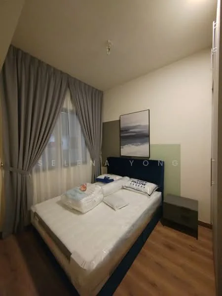 Bedroom features: queen-size bed, upholstered headboard, bedside table, grey curtains, floor-to-ceiling window, wooden flooring, framed artwork on wall, light-colored walls; style: modern.