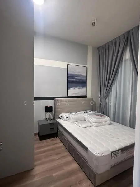 Bedroom features: queen-size bed, upholstered headboard, bedside lamp, wooden bedside table, light grey painted walls, curtains in light grey, laminate flooring, framed artwork on wall, recessed ceiling light; style: modern.