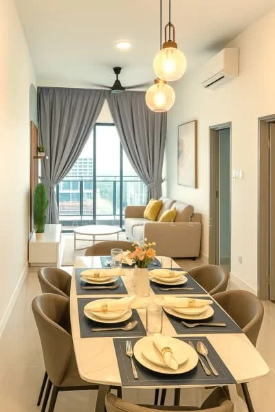 Dining features: 6-seater dining table, beige upholstered dining chairs, marble tabletop, cutlery and plates set on the table, decorative vase with flowers, wall-mounted air conditioning unit, grey curtains, floor-to-ceiling windows, view of city skyline, light fixture with pendant bulbs; style: modern; view: city. Living features: beige fabric sofa, decorative wall art, light-colored walls, recessed ceiling lights, ceiling fan, sliding glass door, wooden shelf with potted plant; style: modern; view: city.